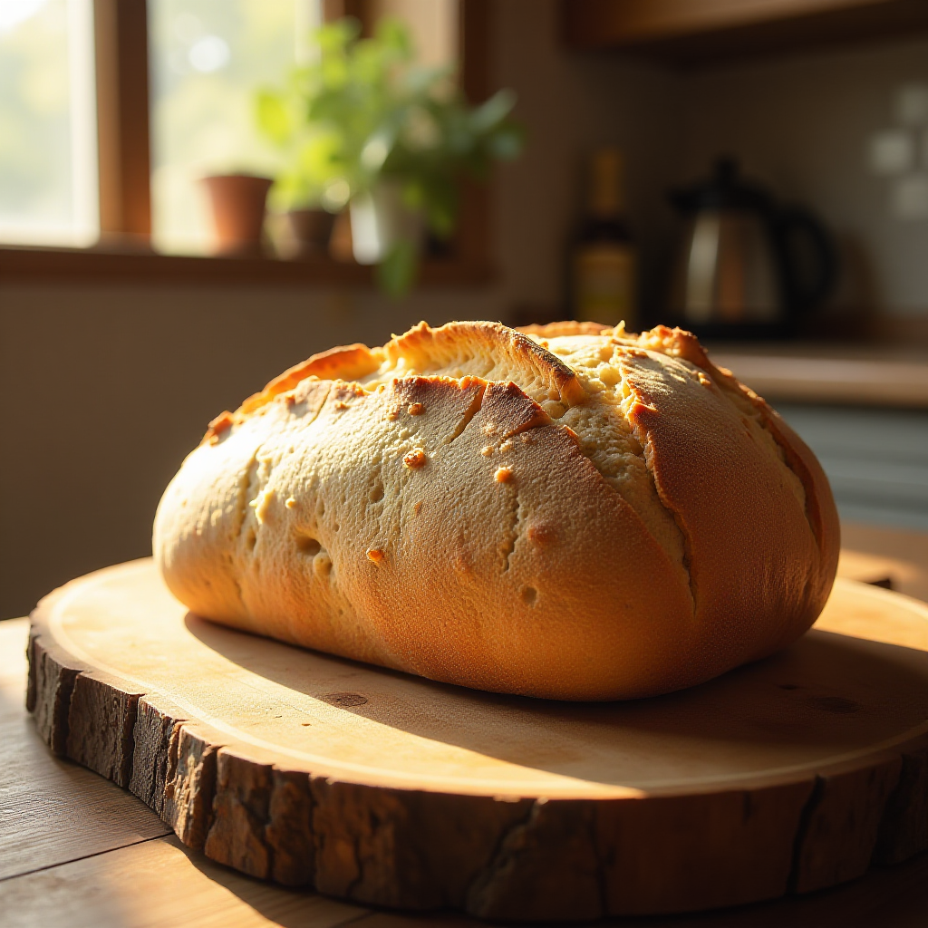 A freshly baked loaf of homemade bread on a wooden cutting board, perfect for beginners.