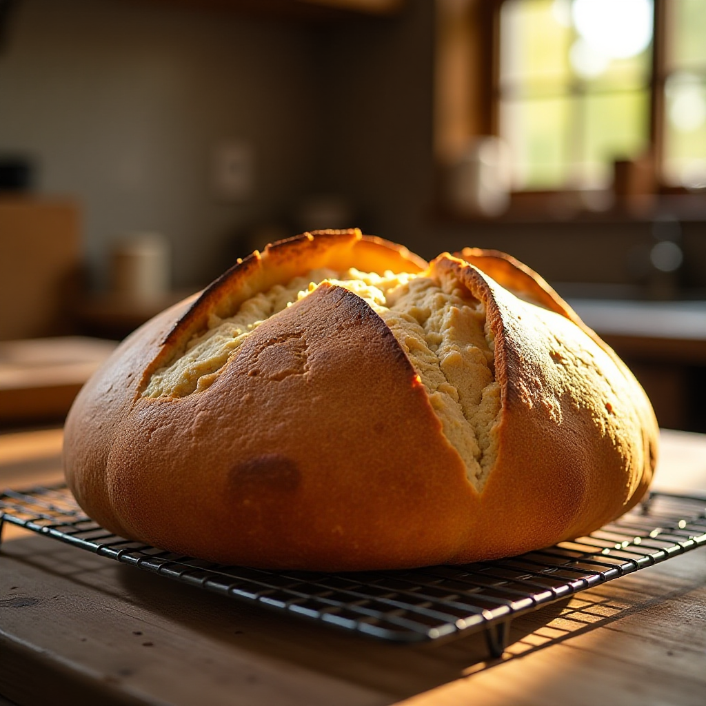 A golden loaf of homemade bread cooling on a wire rack.