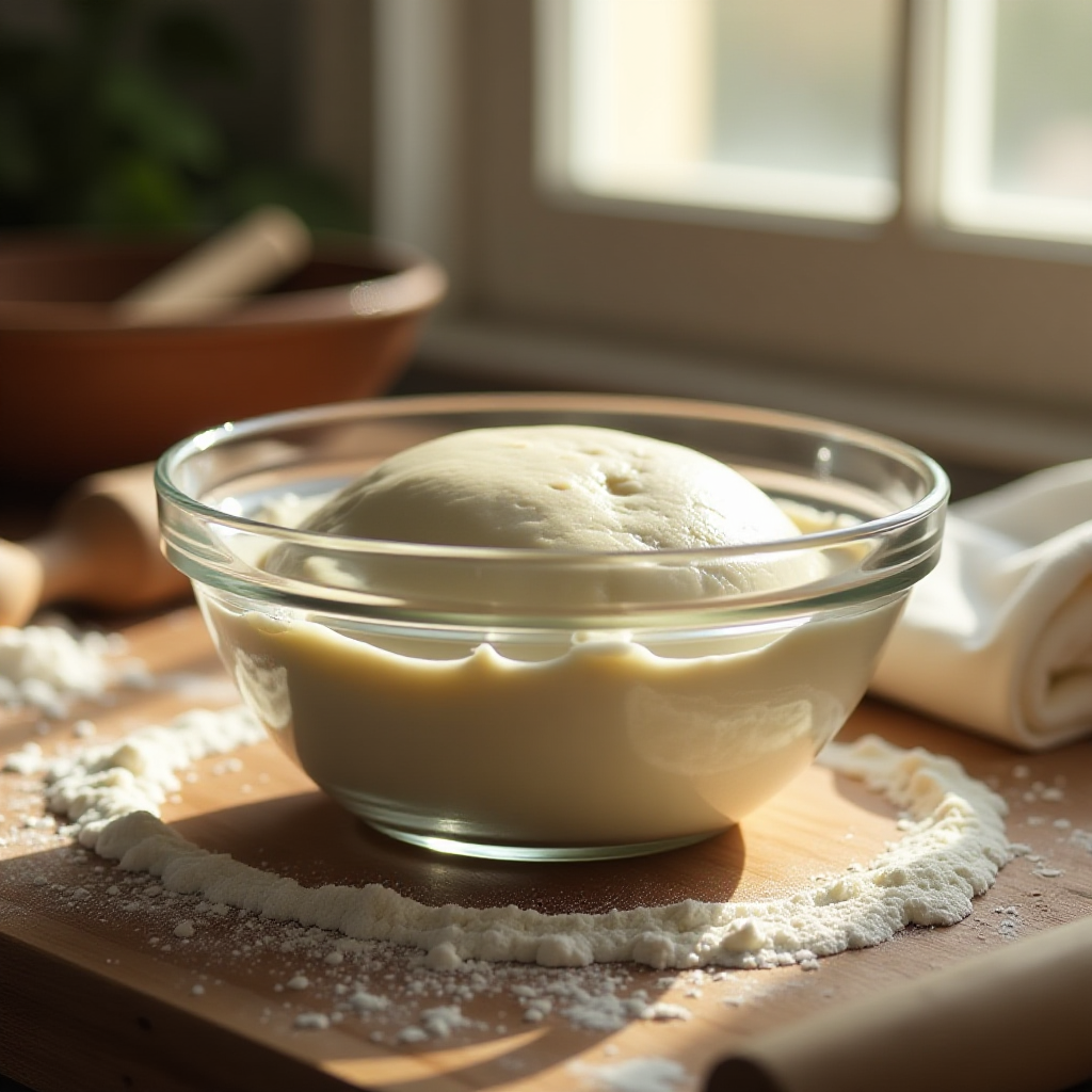 Dough rising in a glass bowl covered with a damp towel.