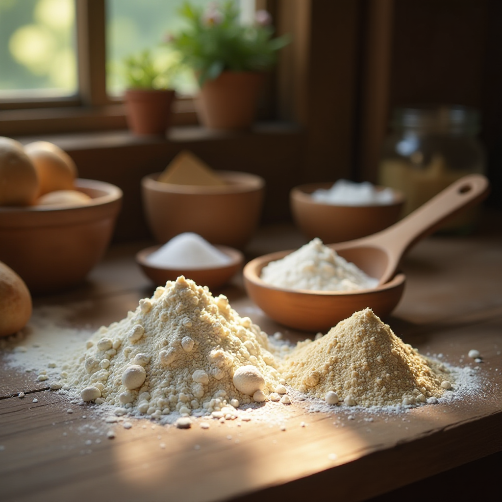 Flour, yeast, and salt measured out for making homemade bread.