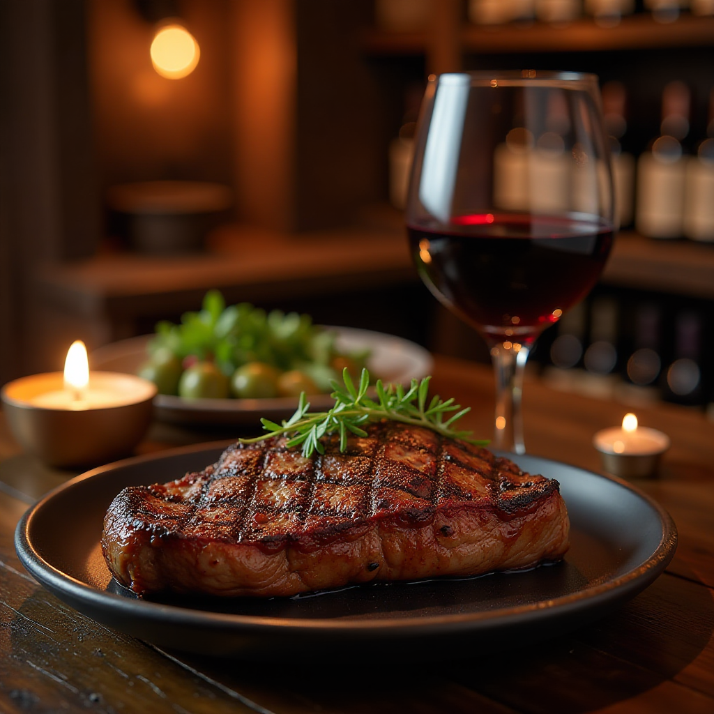 A juicy steak paired with a glass of full-bodied red wine, showcasing the perfect meat and wine combination.