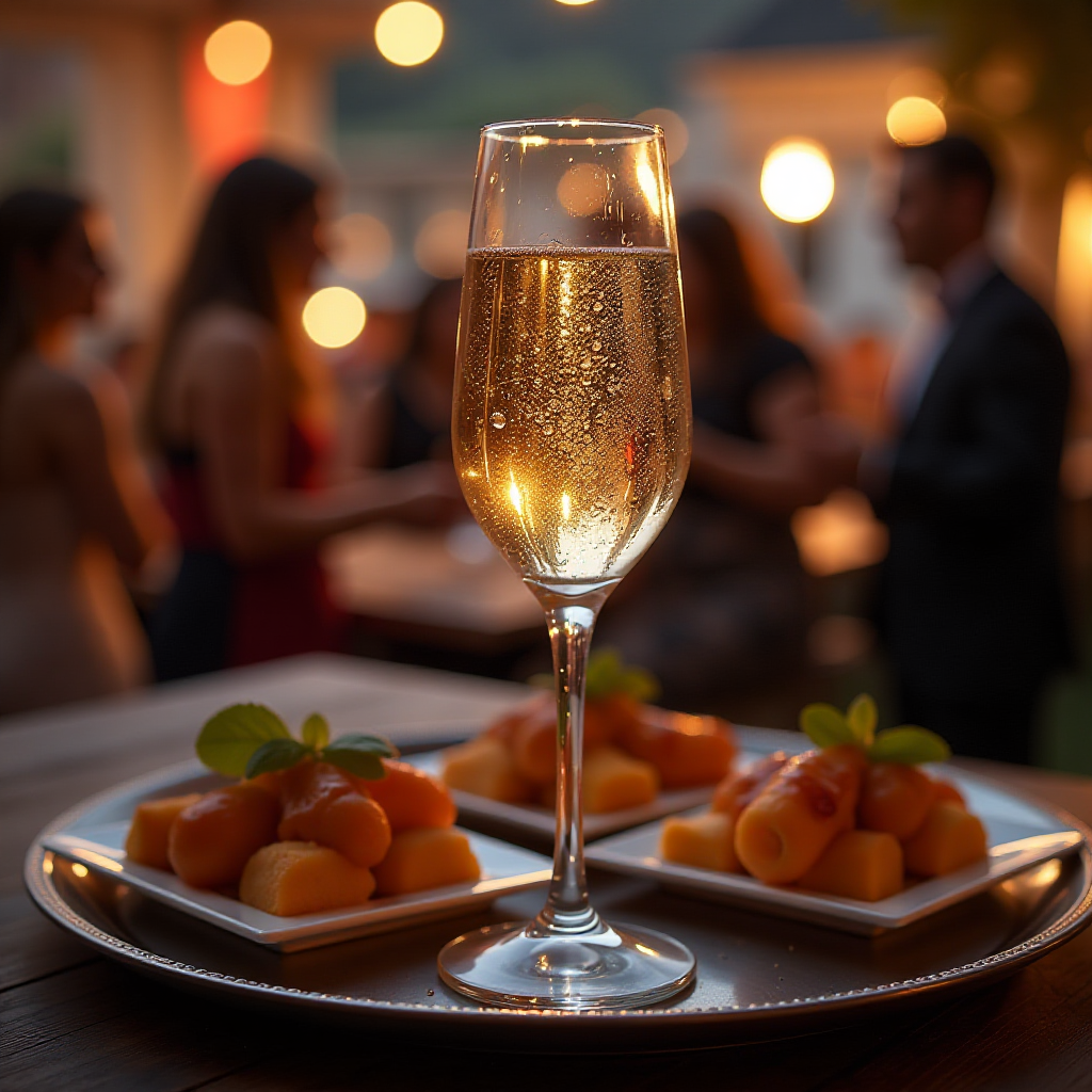 A glass of sparkling wine served with a tray of appetizers, illustrating food and wine pairing at a party.