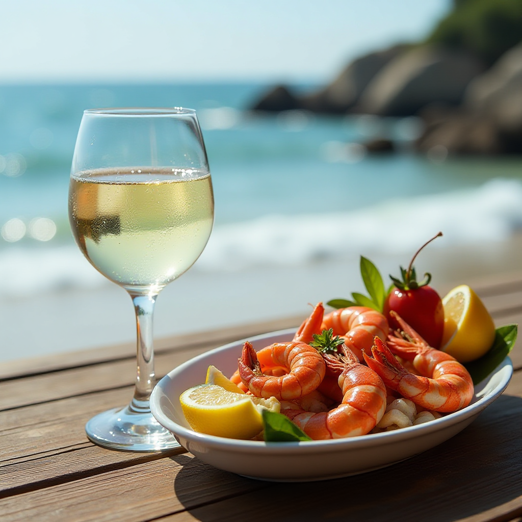 A glass of chilled white wine with a seafood platter, emphasizing fresh flavors in food and wine pairing.