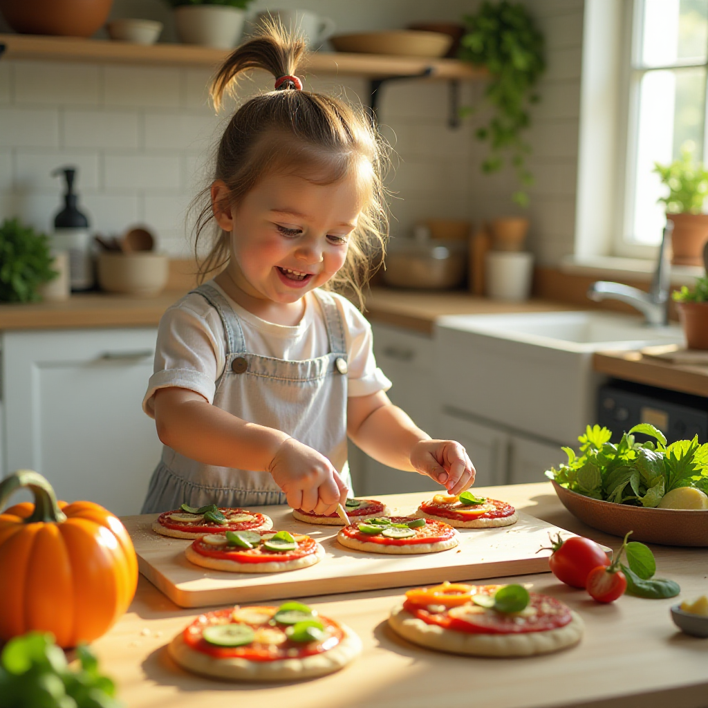 Fun and nutritious cooking for kids, creating mini veggie pizzas.