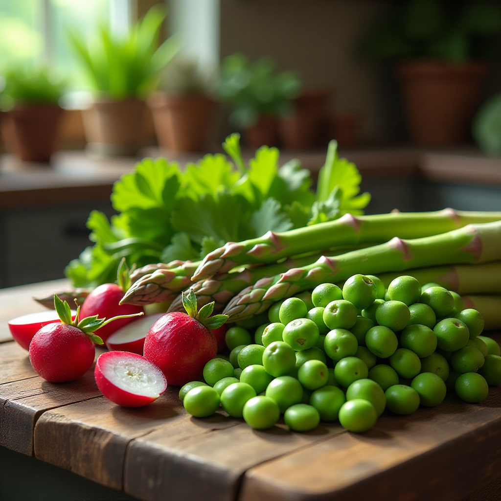 A vibrant assortment of fresh spring vegetables, including asparagus, peas, and radishes, on a rustic wooden table.