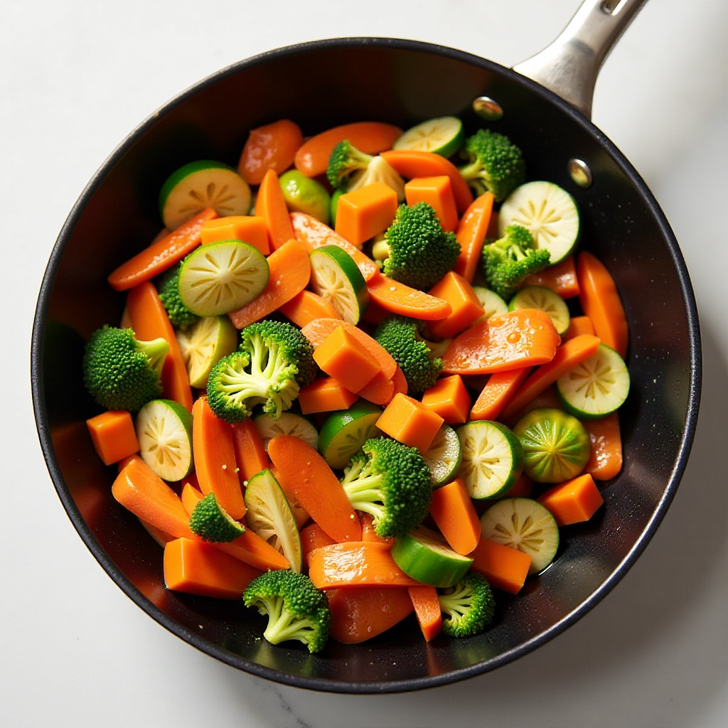 A skillet filled with a vibrant mix of stir-fried spring vegetables.