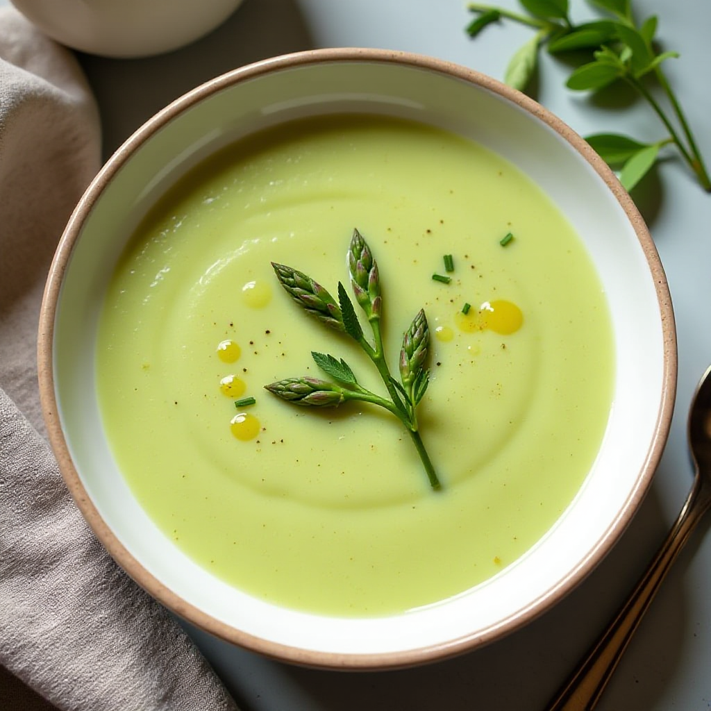 A bowl of creamy asparagus soup garnished with fresh herbs.