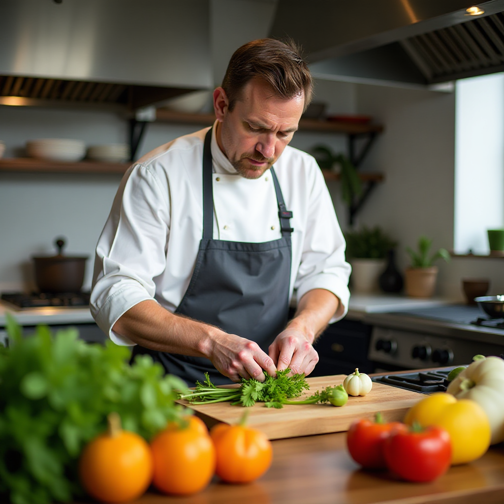 A chef preparing fresh spring vegetables in a kitchen.