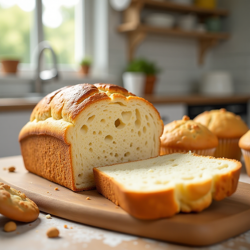 Freshly baked gluten-free bread, muffins, and cookies in a warm kitchen setting.