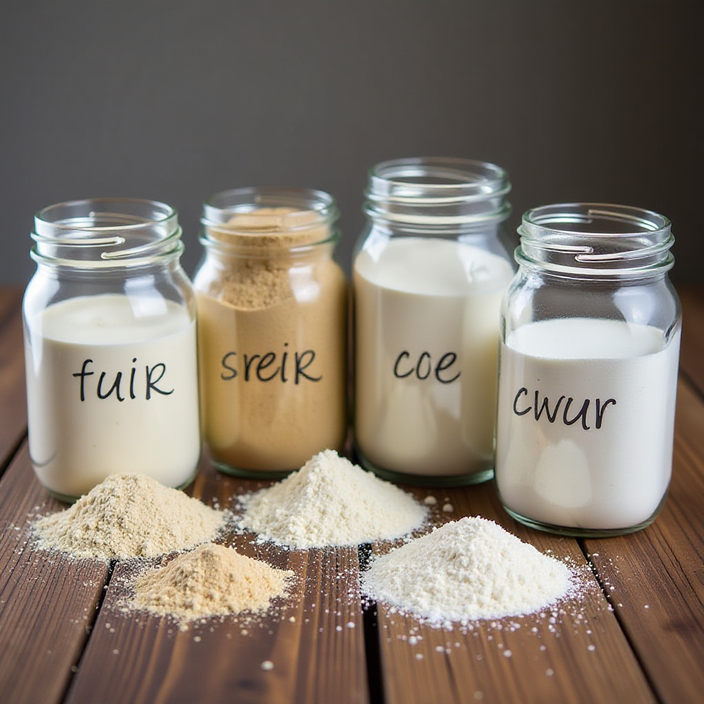  A variety of gluten-free flours in labeled jars on a rustic wooden table.