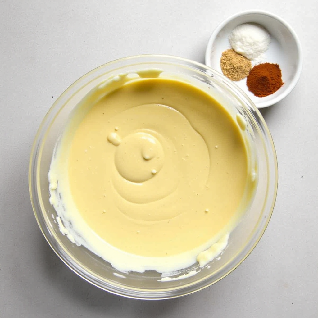 A bowl of batter with xanthan gum and other binding agents beside it.