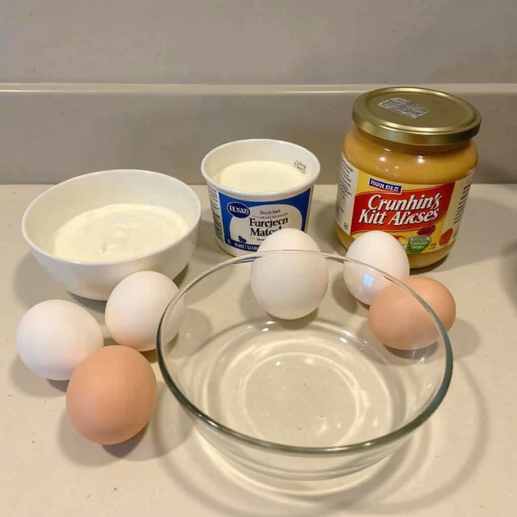 Eggs, yogurt, and applesauce on a kitchen counter, ready for gluten-free baking