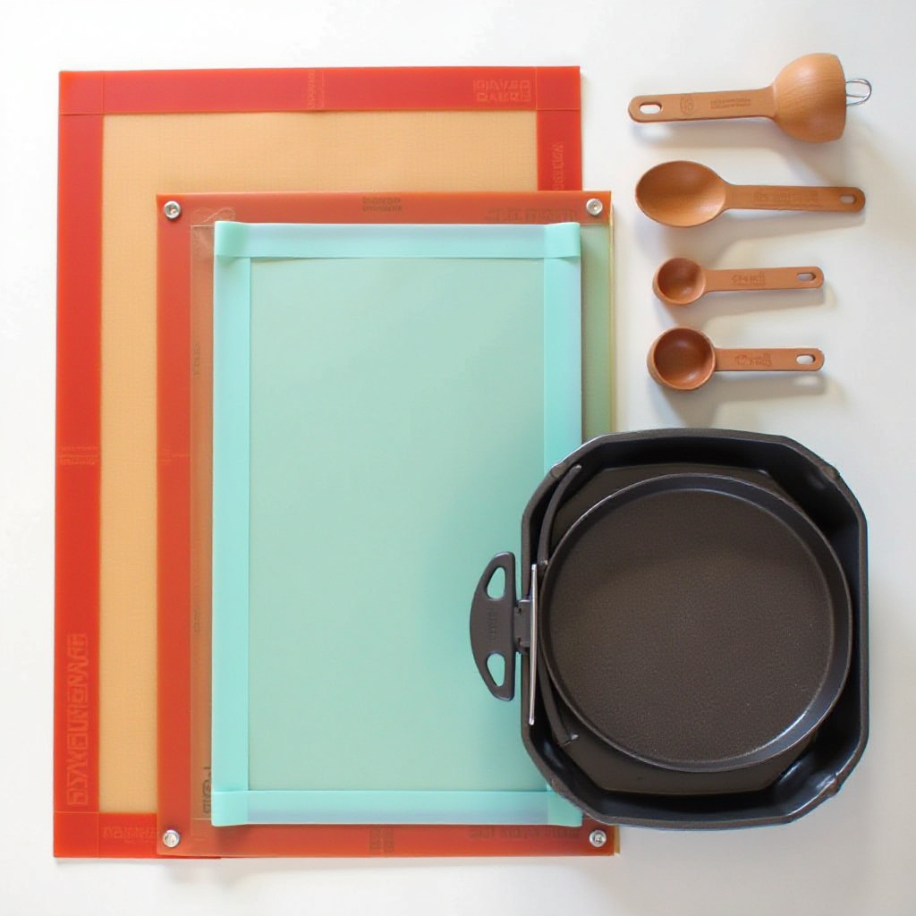 Silicone baking mats, non-stick pans, and measuring tools arranged neatly.