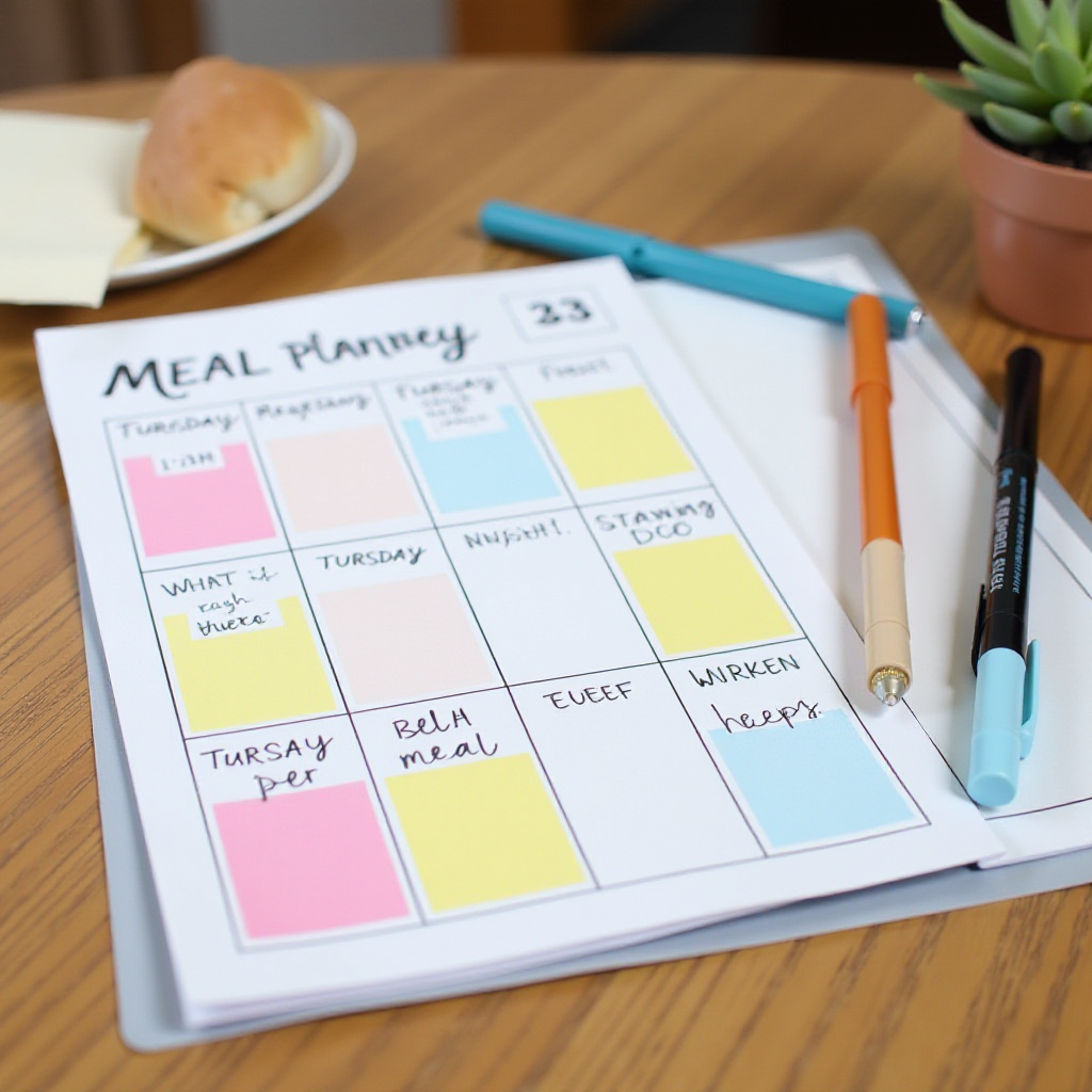 A weekly meal planner with colorful notes and pens on a kitchen table, emphasizing meal planning.