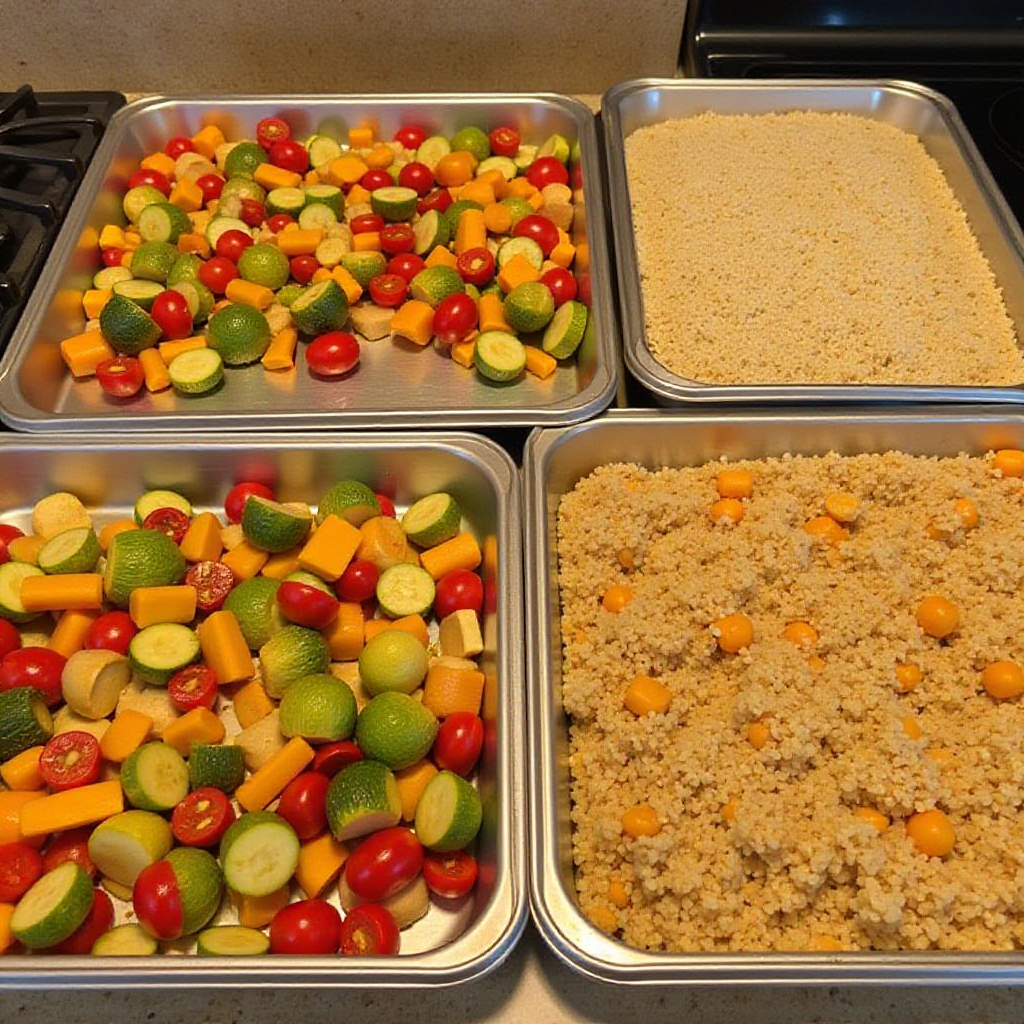 Multiple pans of roasted vegetables, cooked chicken, and quinoa on a kitchen counter, ready for storage.