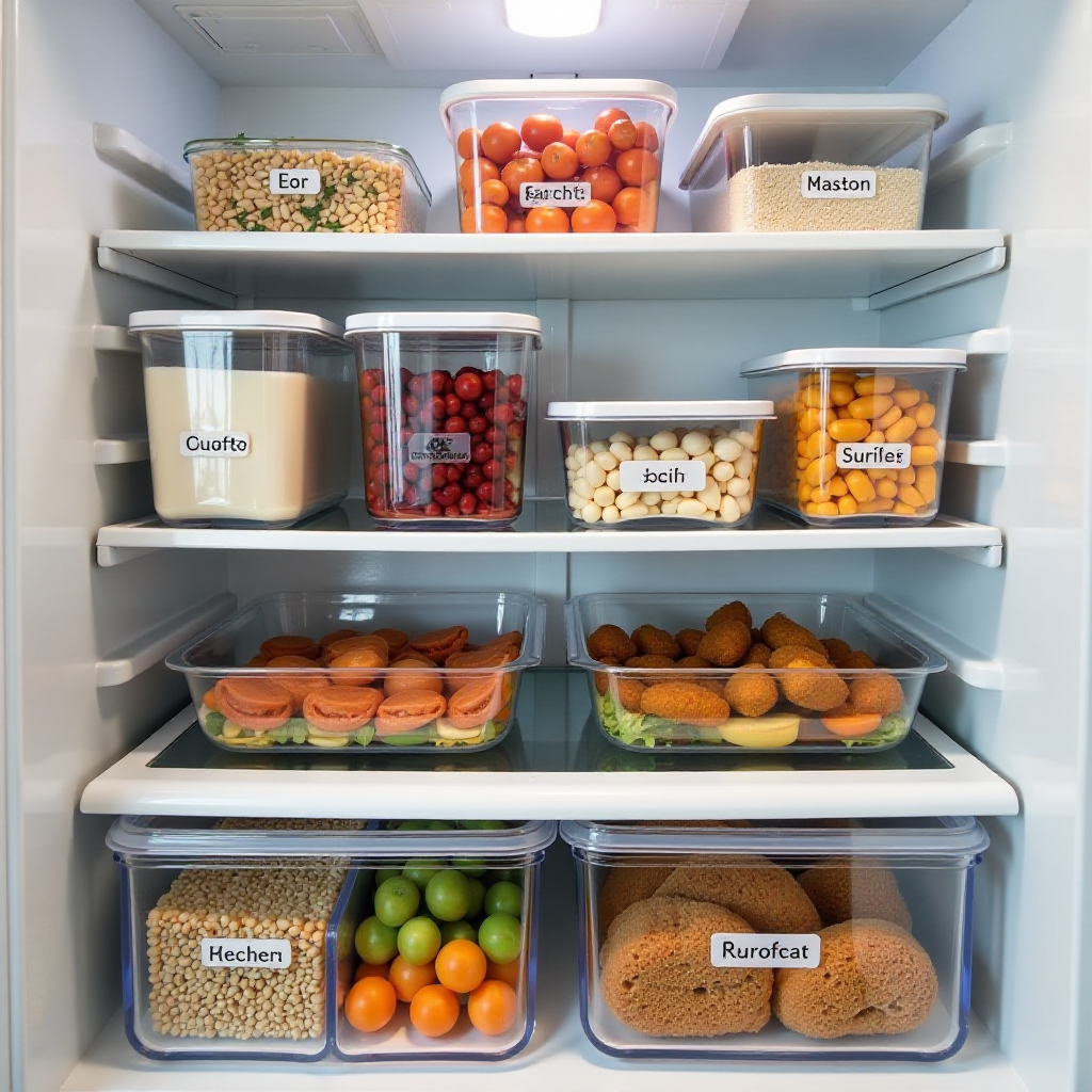 A refrigerator with labeled containers of prepped meals and ingredients, showcasing smart storage solutions.