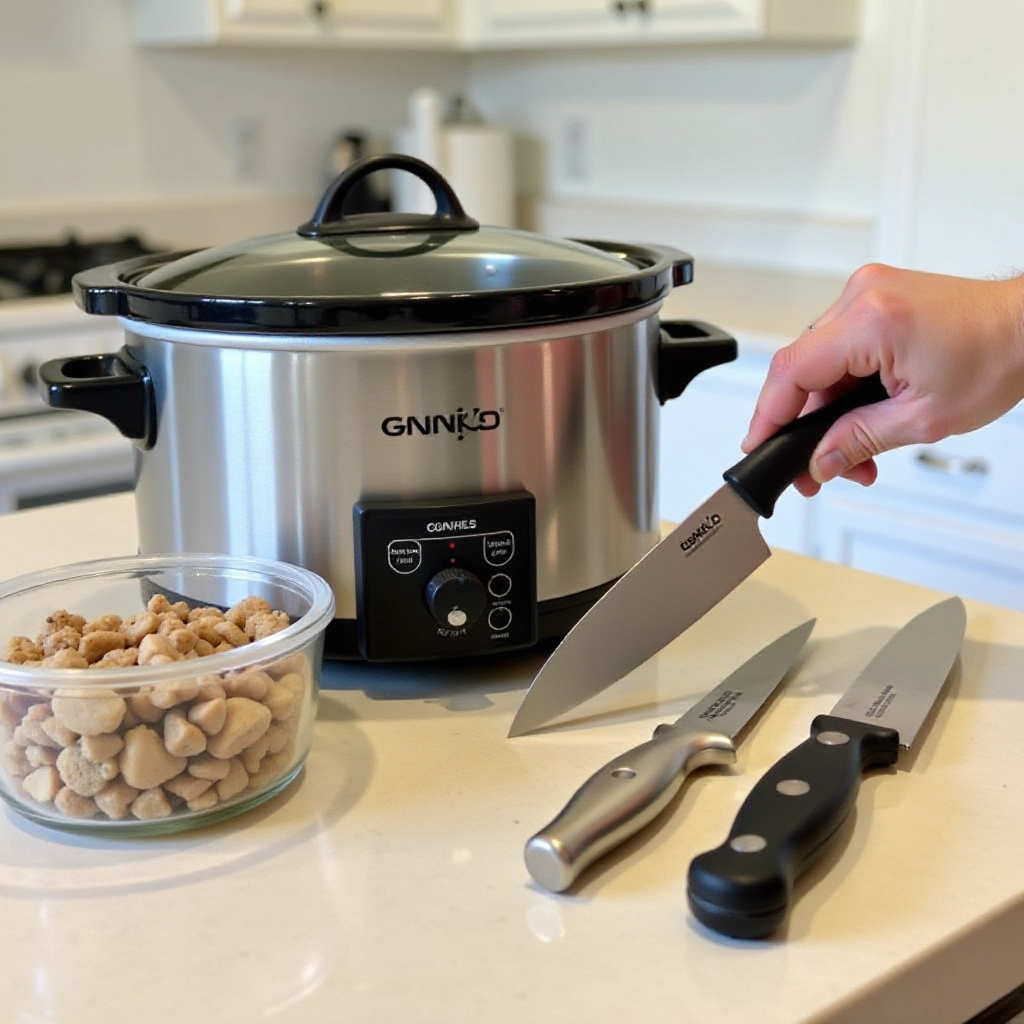 Essential meal prep tools like a slow cooker, sharp knives, and glass containers displayed on a kitchen counter.