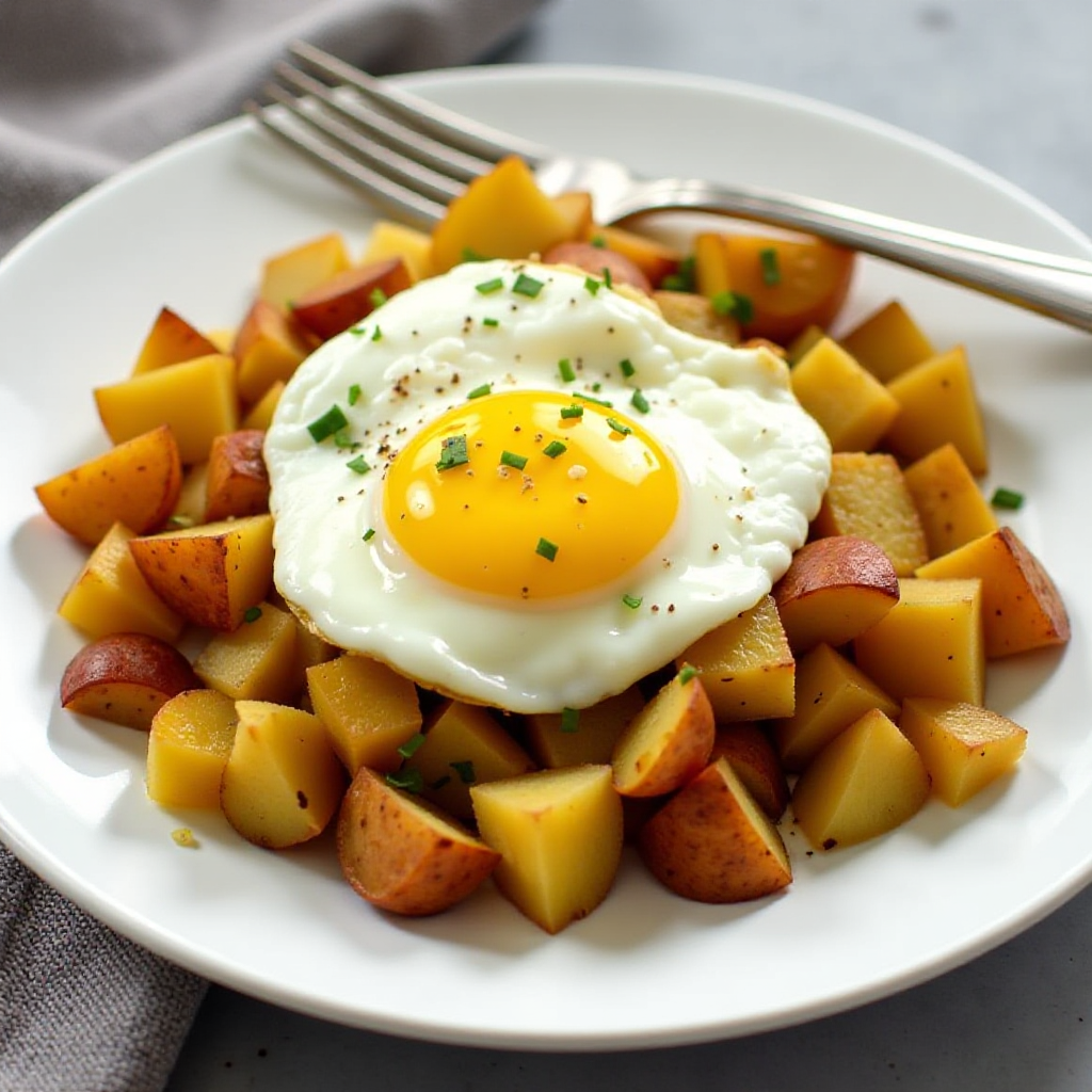 A savory breakfast hash made from leftover roasted potatoes and eggs.